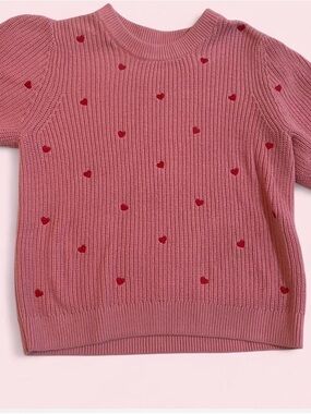 Lucky Brand Pink Crewneck Sweater with Red Heart Accents